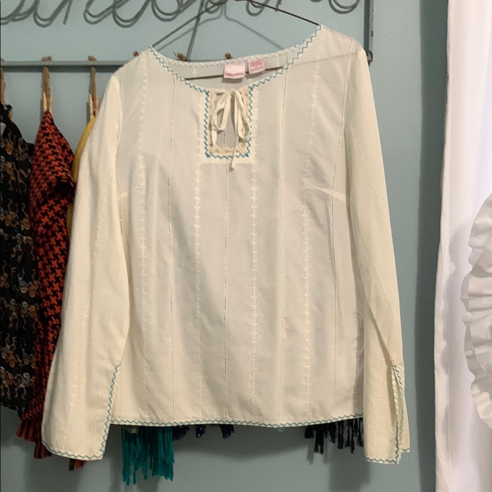 Late 90s Bohemian Women's Embroidered Off-White Top with Tie Detail